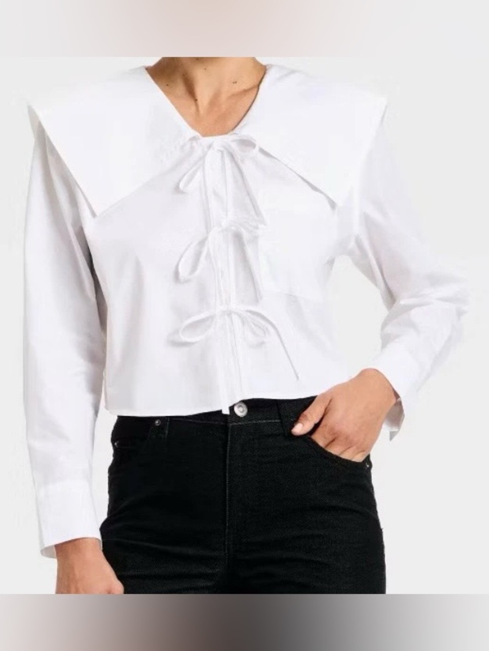 Women Long Sleeve Relaxed V-Neck Tie-Front Blouse - Future Collective small
